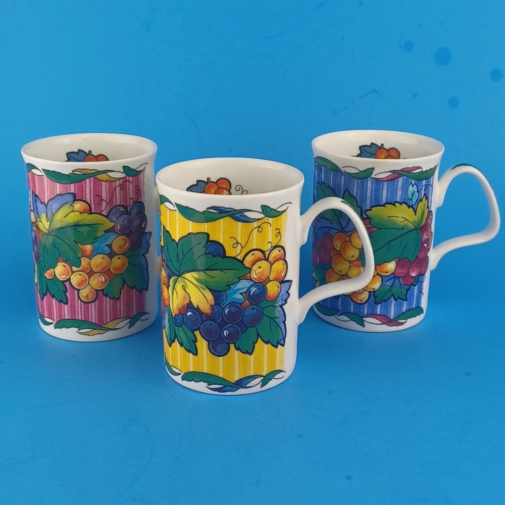 Lot of 3 Vintage 1995 Roy Kirkham Fine Bone China England Colorful Fruits Mugs